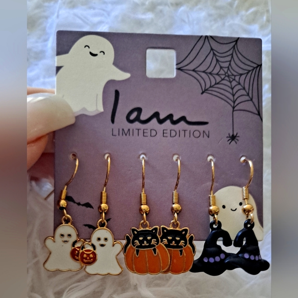 NWT I Am Halloween Costume Cat Earrings Pumpkin Ghost Witches Hat Jewelry